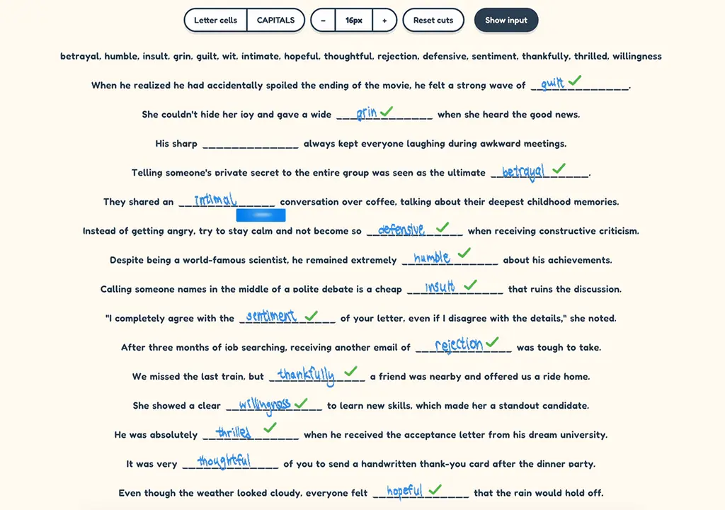Screen share of an online English lesson with a practice game open and the student joining in